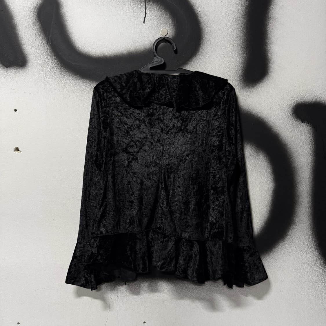 VTG 빈티지 고딕펑크 벨벳 러플 셔링 퍼프 소매 프릴 블라우스 상품이미지2