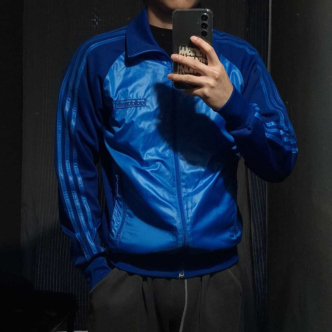 아디다스 00s 블루 톤톤 삼선 스펠아웃 로고 유광 트랙탑 집업 져지 상품이미지1