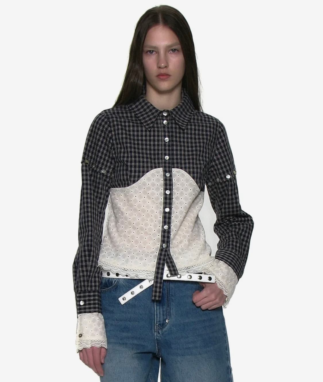 체크 레이스 엠브로이더리 콤비 셔츠_네이비 상품이미지1