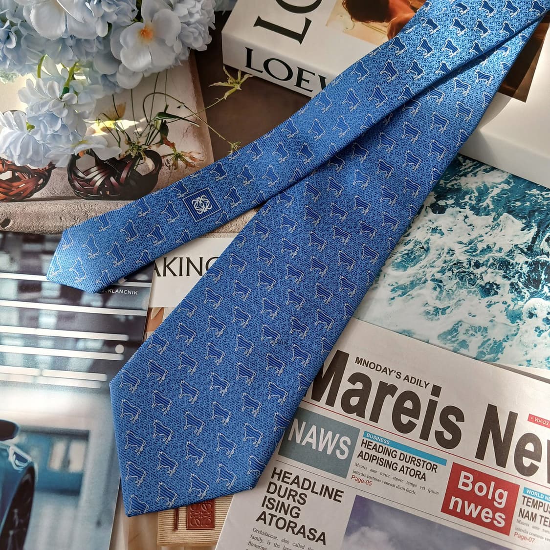 로에베 실크 블루 소 패턴 넥타이 9.9cm B등급 A19596
 상품이미지3