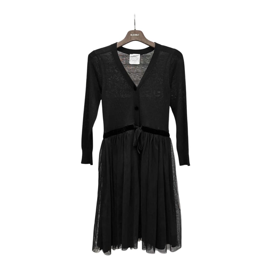 레이 빔즈 원피스 브이넥 시스루 니트 탑 쉬폰 플리츠 리본 디테일 블랙 상품이미지1