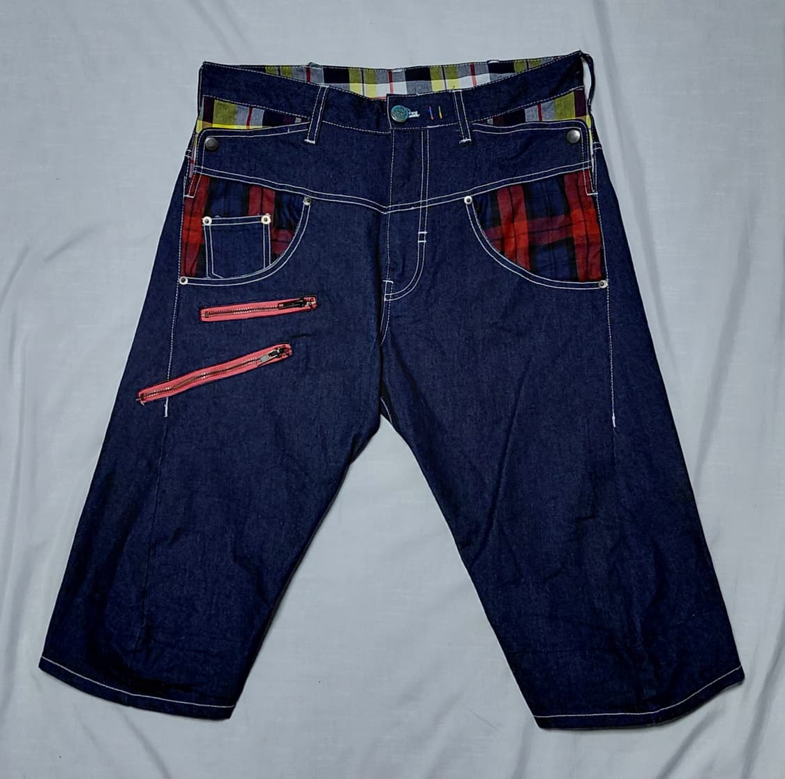 [L] UPSTART Removal 체크 배색 데님 크롭 팬츠 상품이미지1