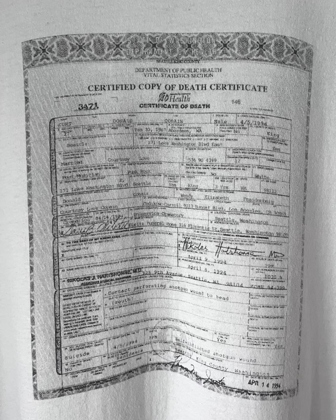 90s Kurt Cobain Death Certificate 밴드 티셔츠 상품이미지3