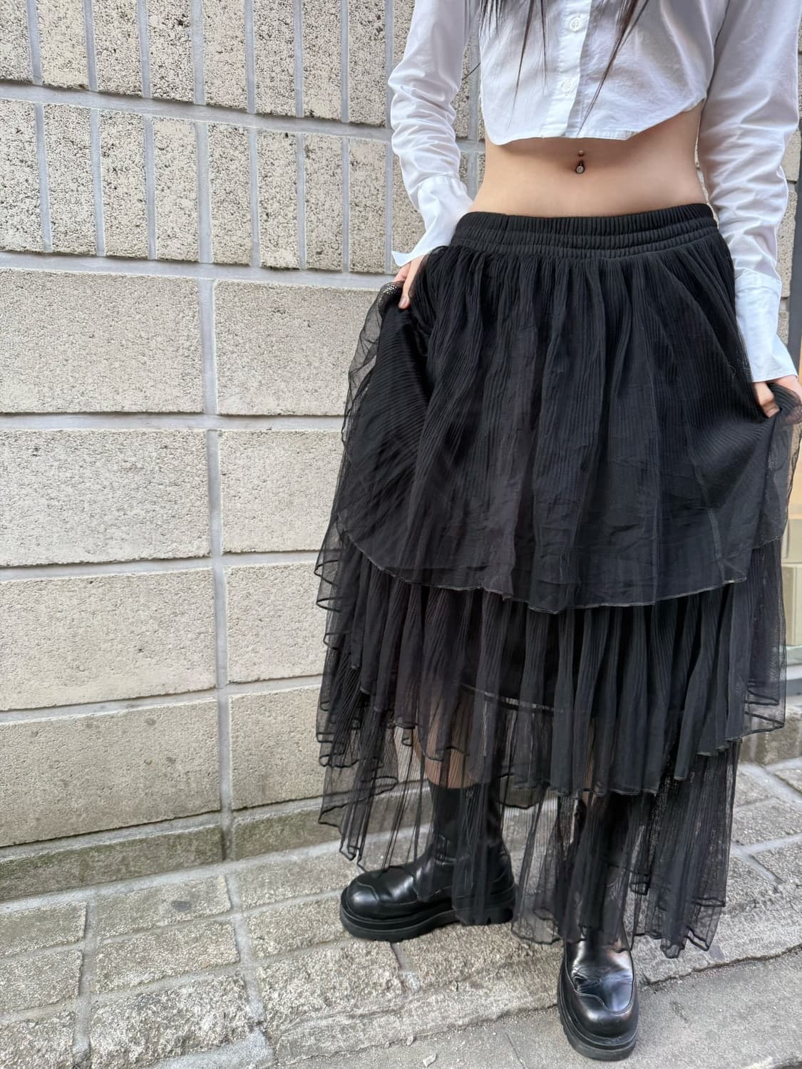 시스루 베이스 티어드 밴딩 롱 스커트 상품이미지7