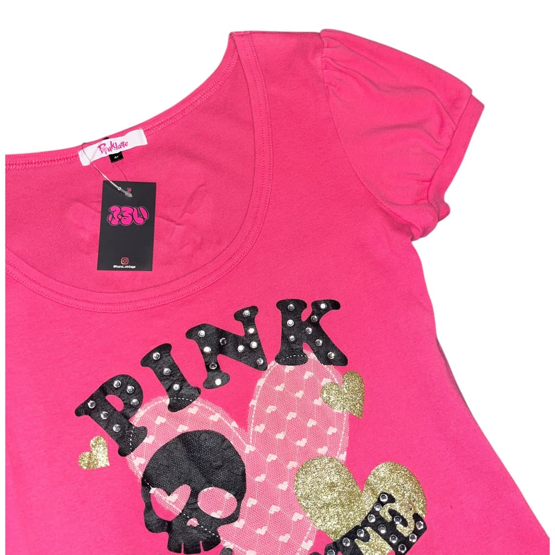 pink latte 핑크라떼 큐빅해골하트레이스퍼프반팔티 펑크 갸루 키치 상품이미지2