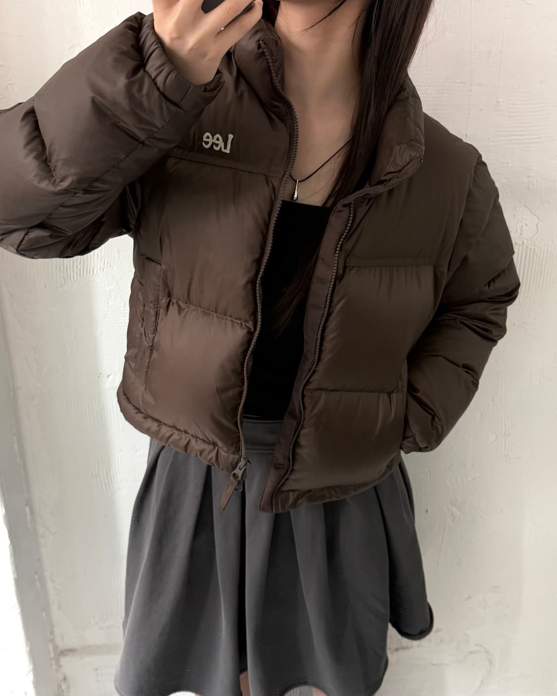 Lee 리 우먼 브라운컬러 릿지 크롭 덕다운 패딩 상품이미지2