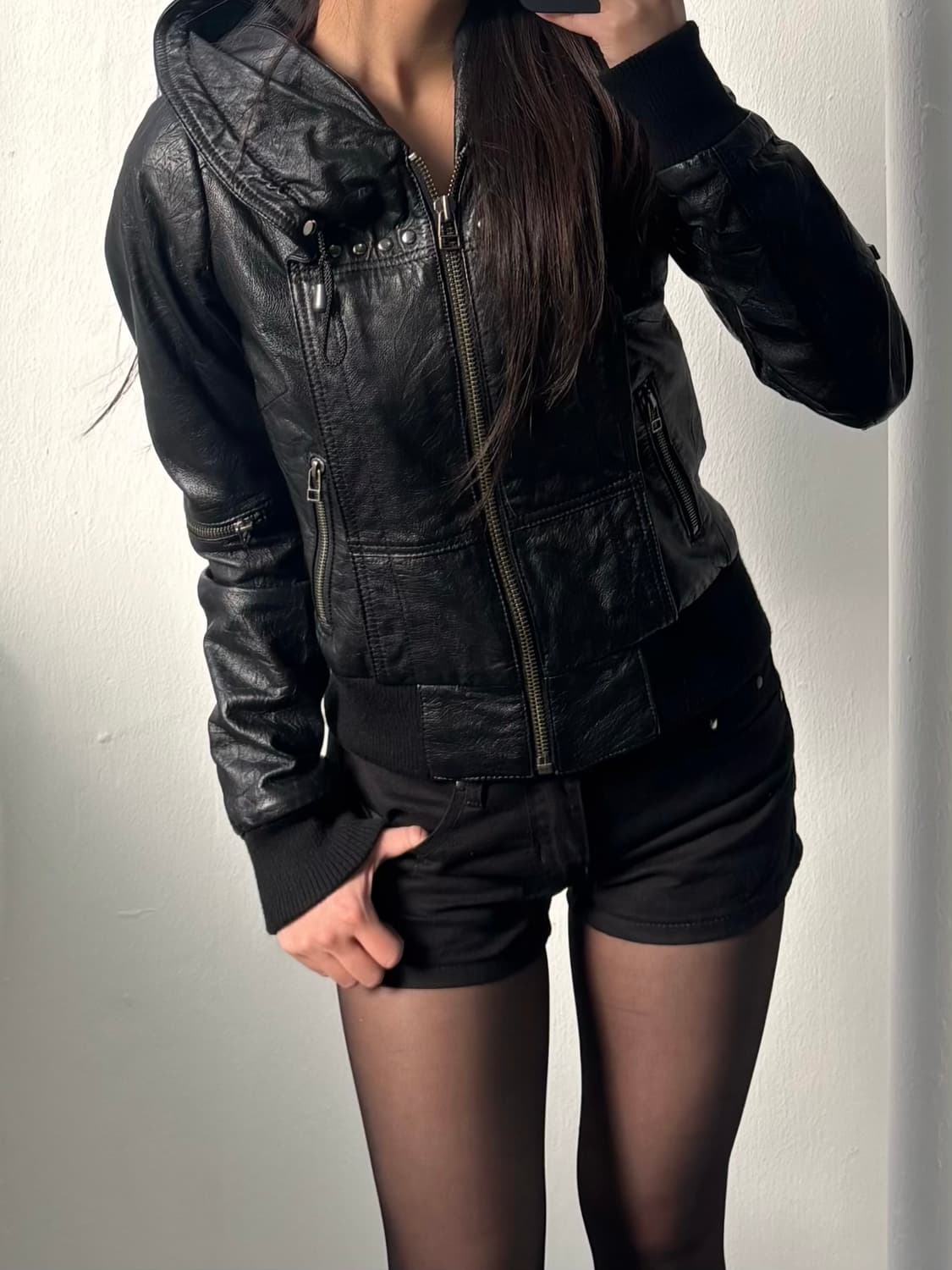 Vintage Black Hood Leather Jacket 상품이미지1