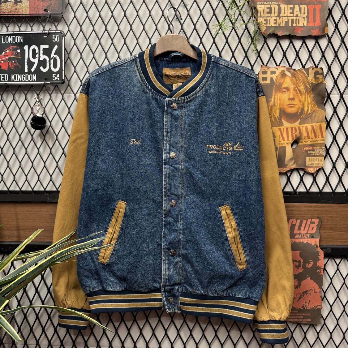 00s USA VINTAGE 데님 바시티자켓 브라운 배색 중청 상품이미지1