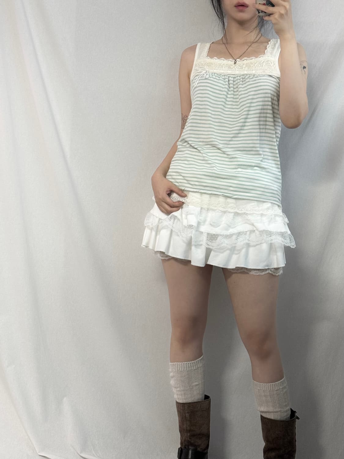 레이스 트리밍 패턴 블라우스 슬리브리스 2pcs SET 상품이미지6