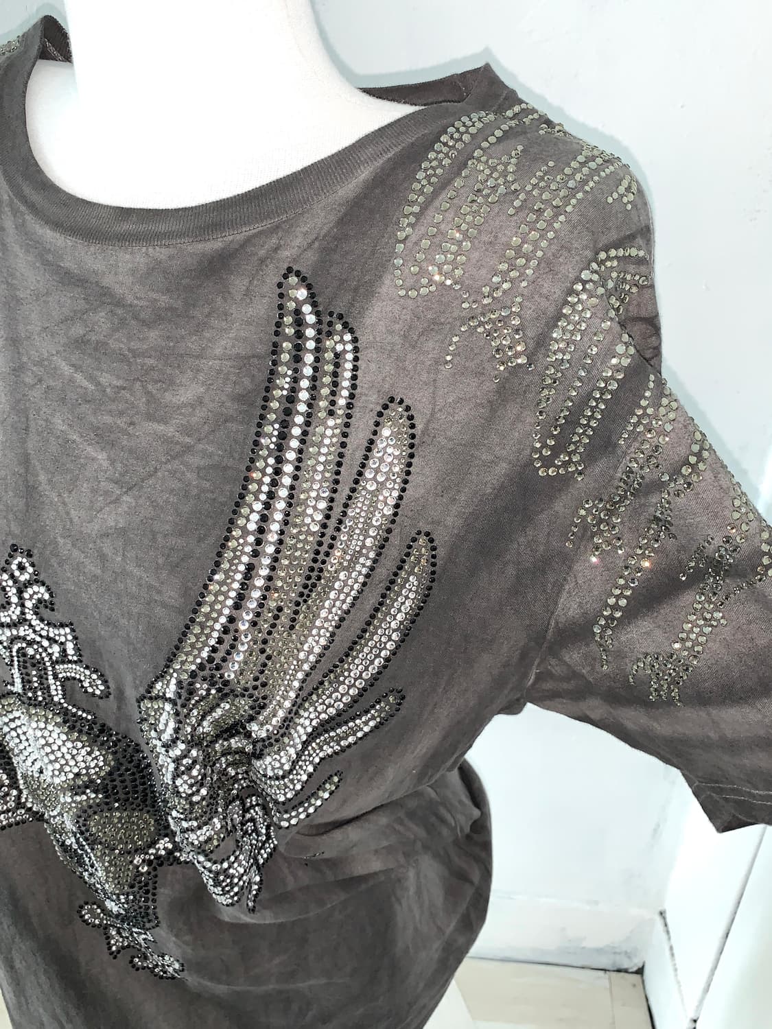 Washed gray rhinestone skull T-shirt 상품이미지2