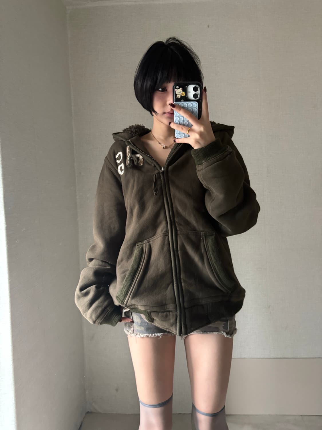 홀리스터 워시드 카키 보아털 후드집업 상품이미지3