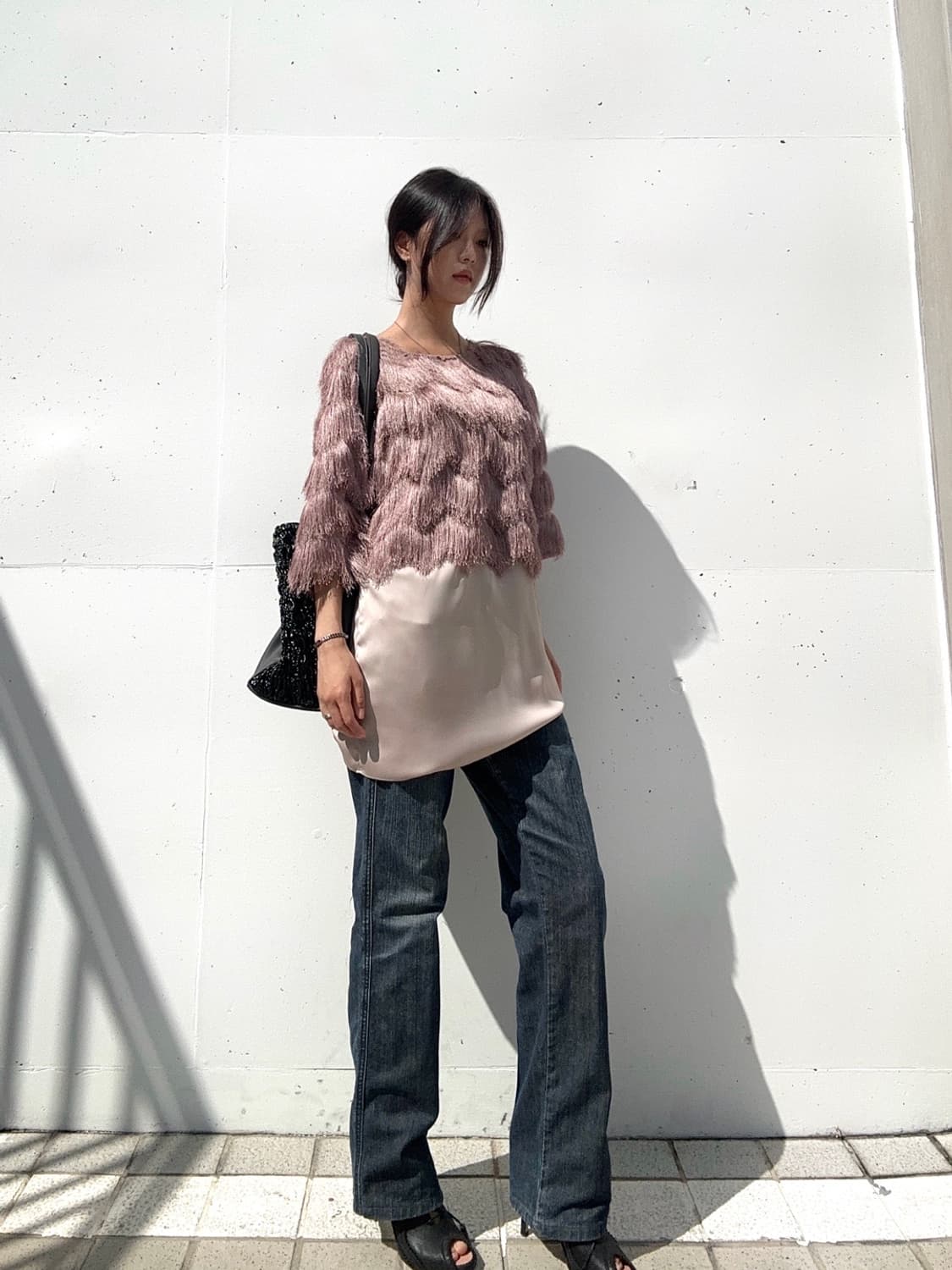 Tassel glossy layered top / baby pink 상품이미지3
