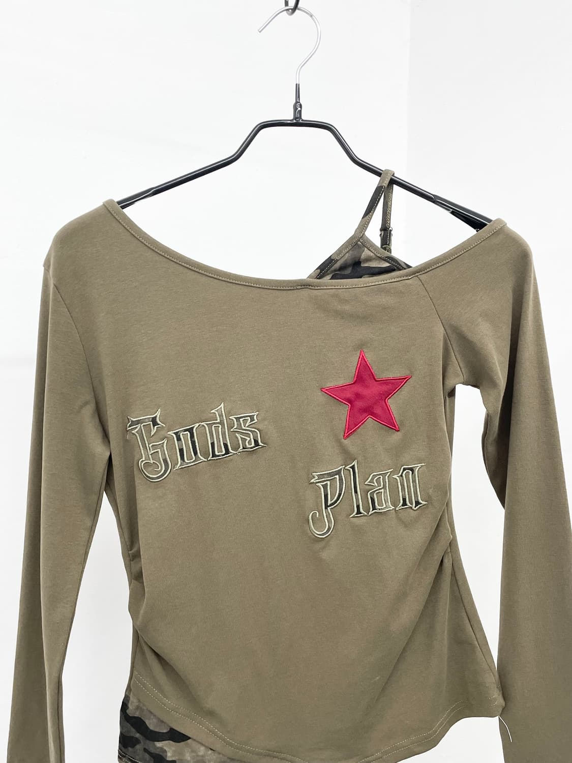 y2k 원숄더 카모 레이어드 슬리브 상품이미지6