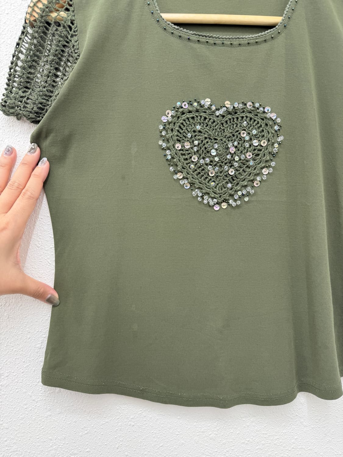 빈티지 cestlavie 카키 하트 소매 니트 티셔츠 상품이미지3