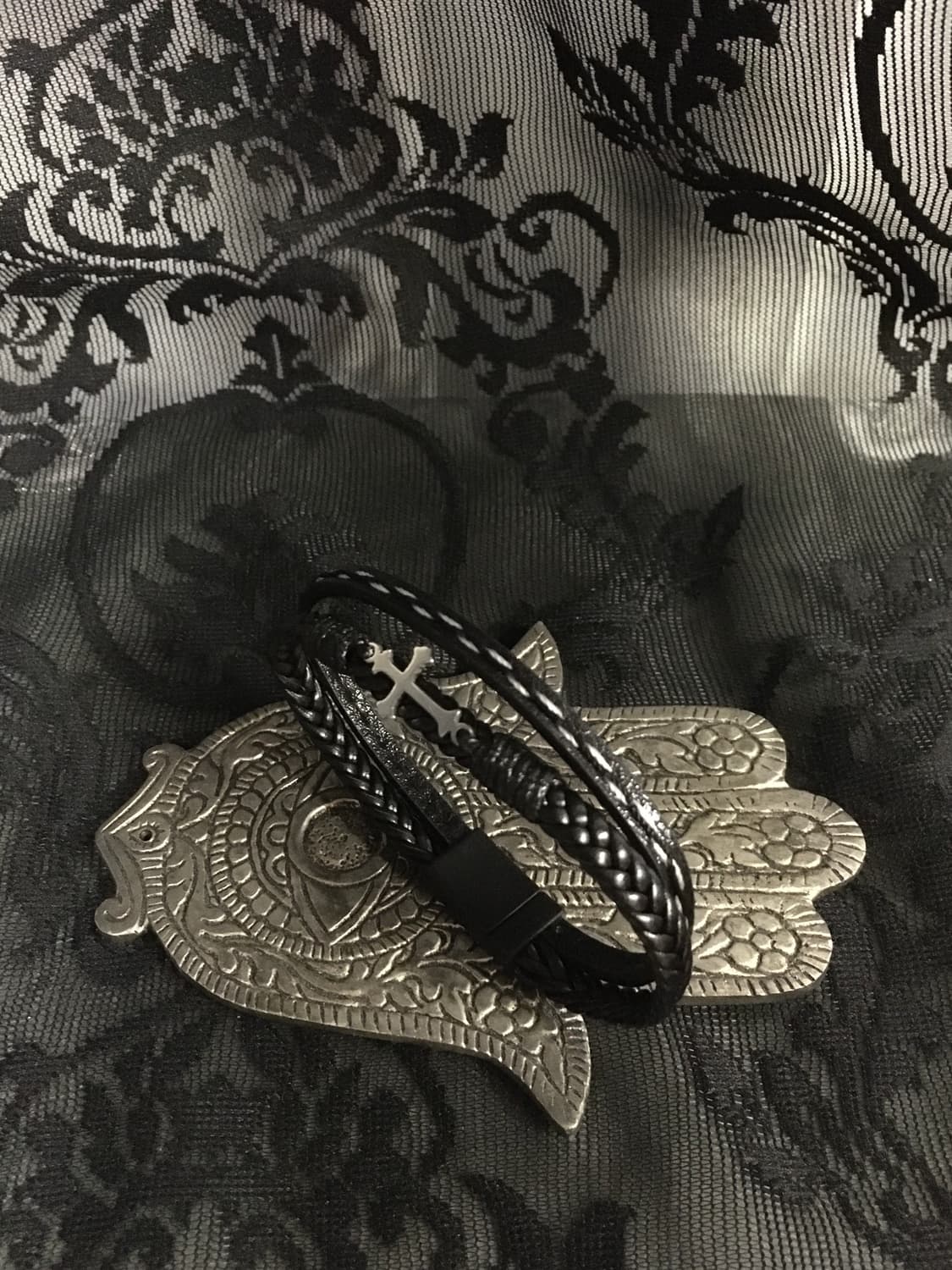 Vintage 핀터레스트 미니 십자가 크로스 두 줄 레더 꼬임 팔찌 상품이미지6