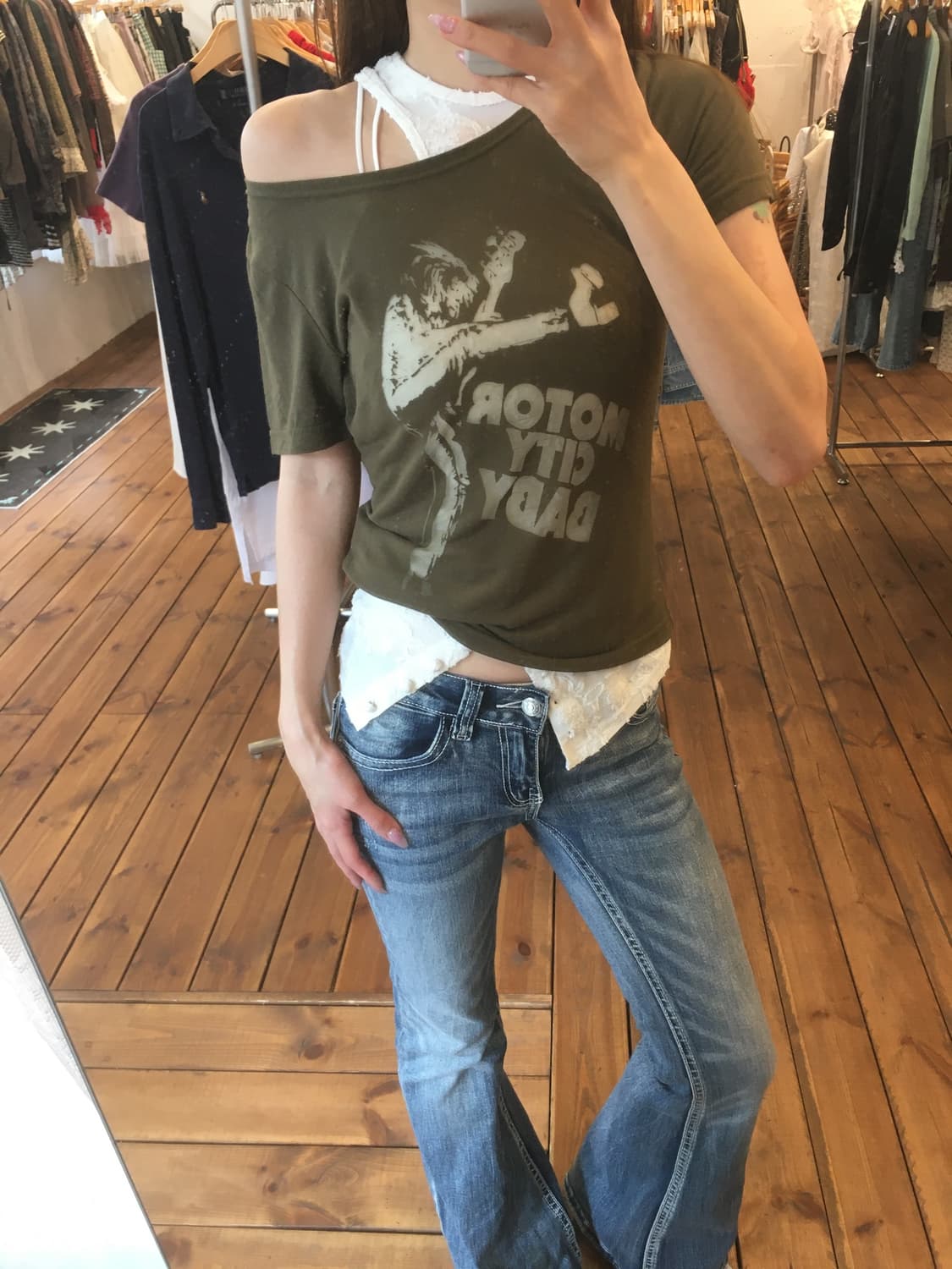 히스테릭글래머 카키 시스루 티셔츠 상품이미지1