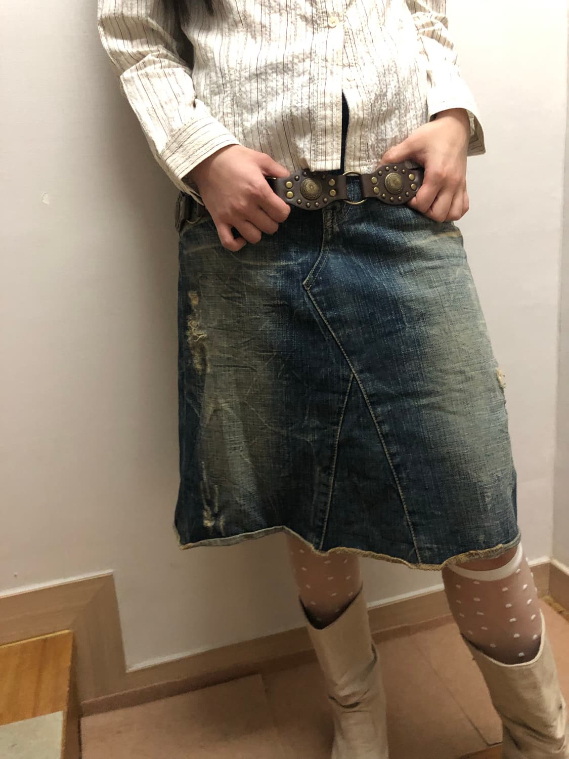 빈티지 데님 워싱 미디 스커트 상품이미지5