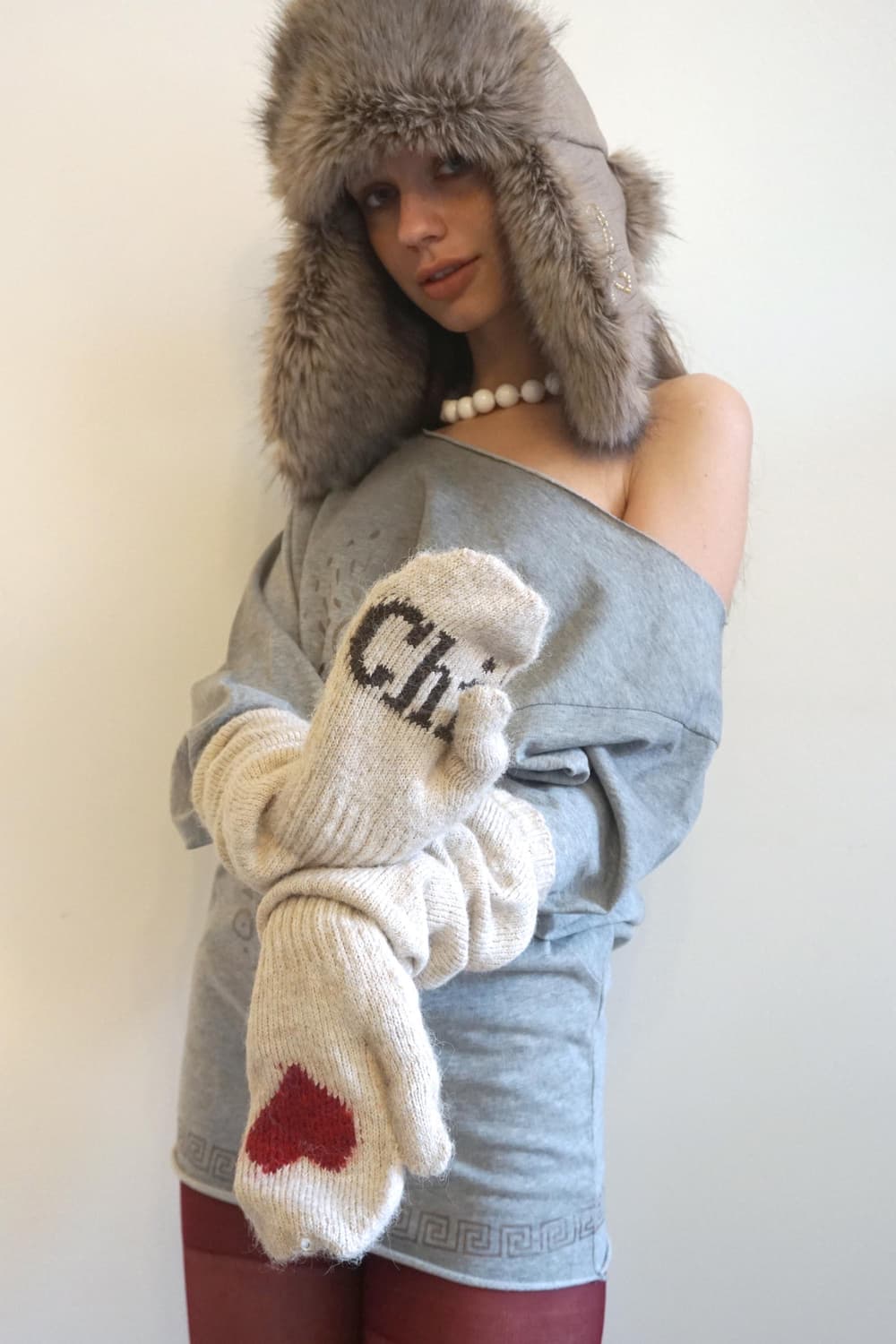 스컬프터 울워머 핸드글로브 크림 벙어리장갑롱니트스웨터하트아이보리베이지터치 상품이미지2