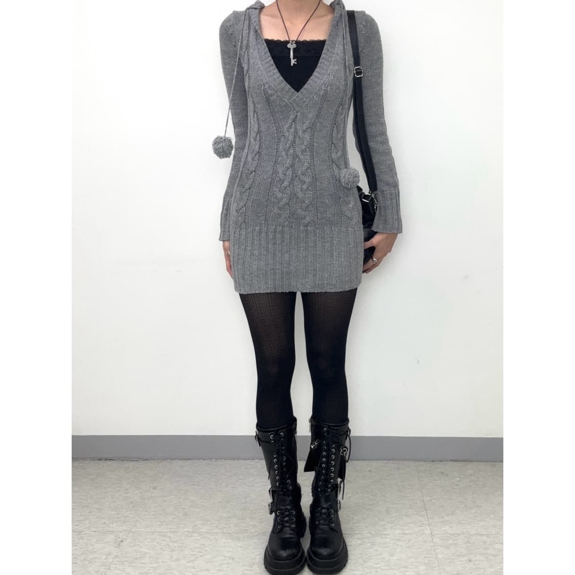 빈티지 그레이 니트 후드 원피스 상품이미지2