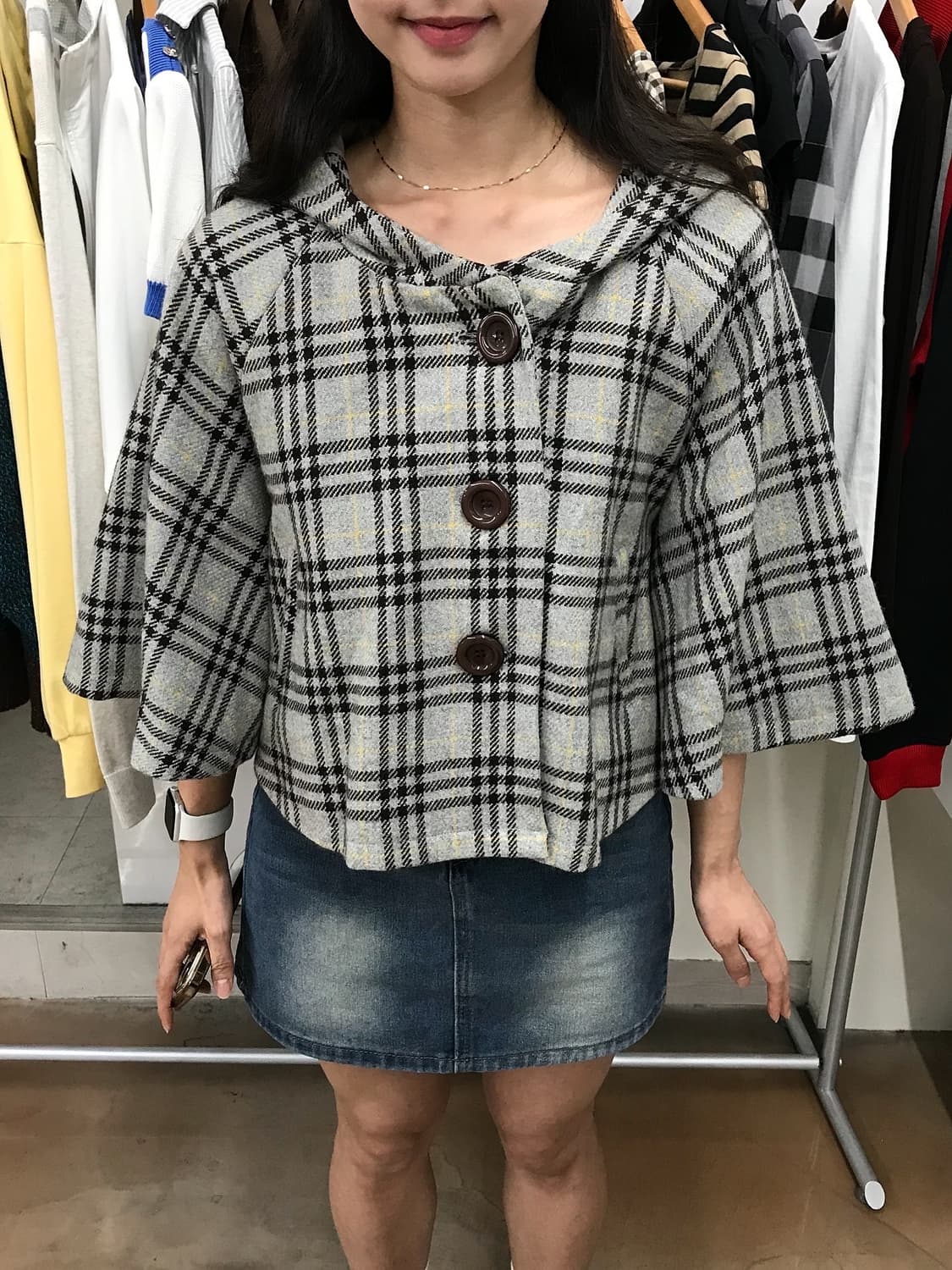 올리브데 올리브 체크 후드 망토 자켓 상품이미지6
