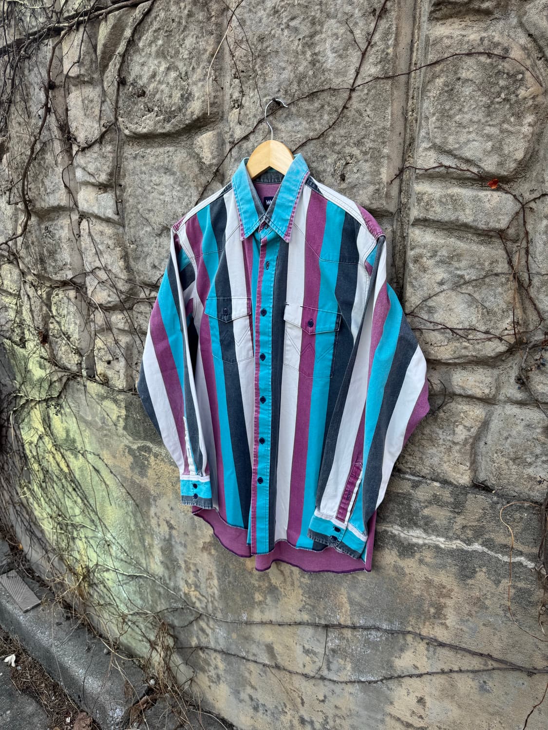 90s 랭글러 빈티지 브러쉬포퍼 페이딩 스트라이프 웨스턴 셔츠 상품이미지3