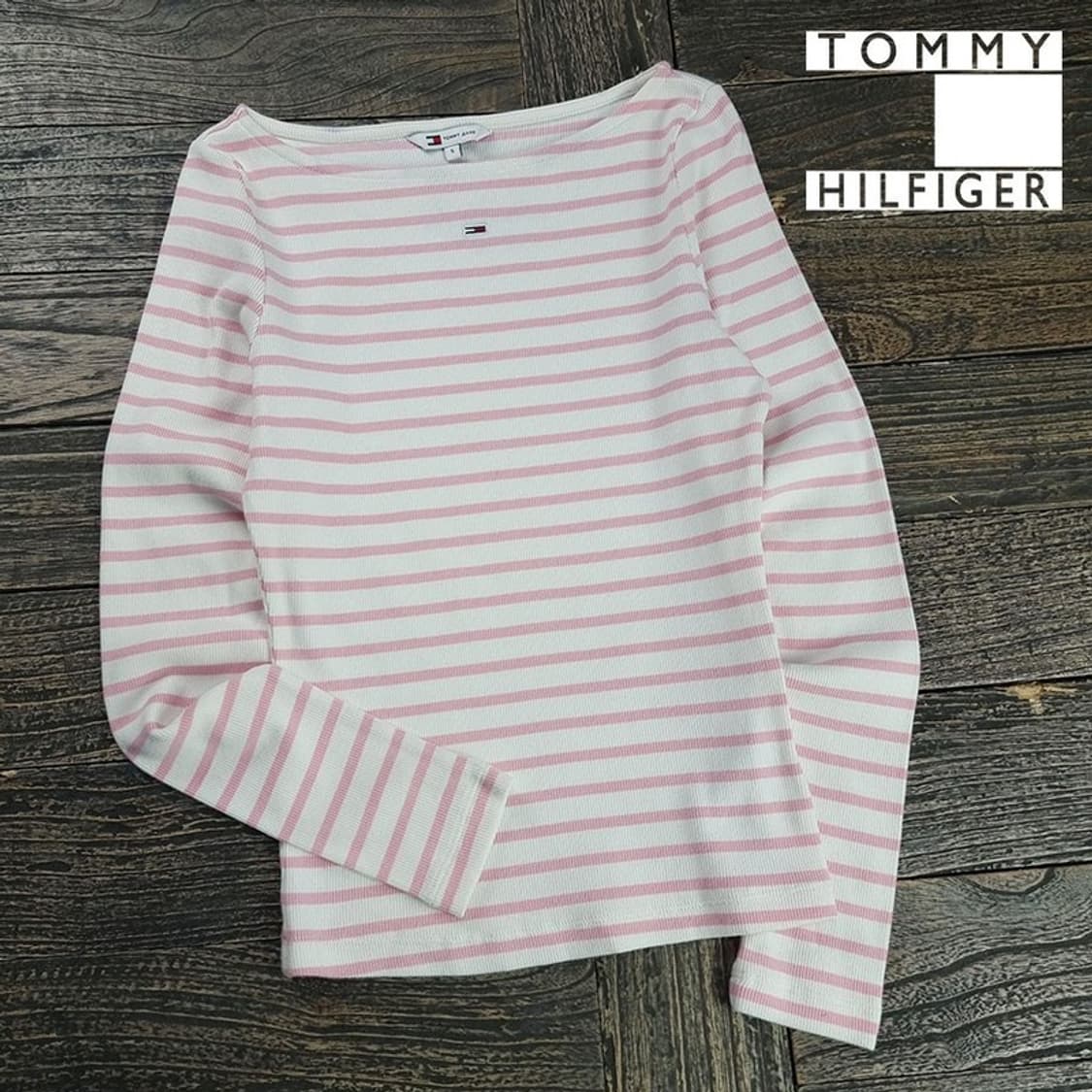 [타미힐피거] 로고 자수 스트라이프 보트넥 롱슬리브 긴팔티 M19128 상품이미지1