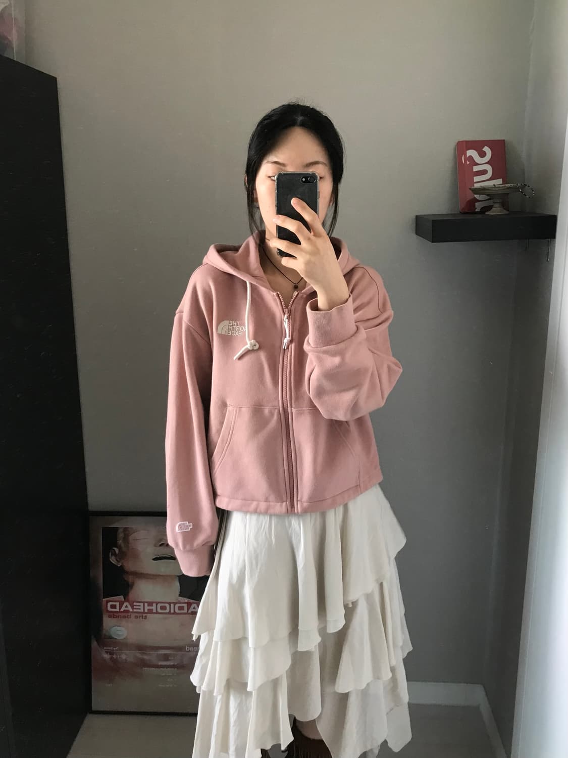 노스페이스 자수로고 핑크 크롭 후드집업 상품이미지2