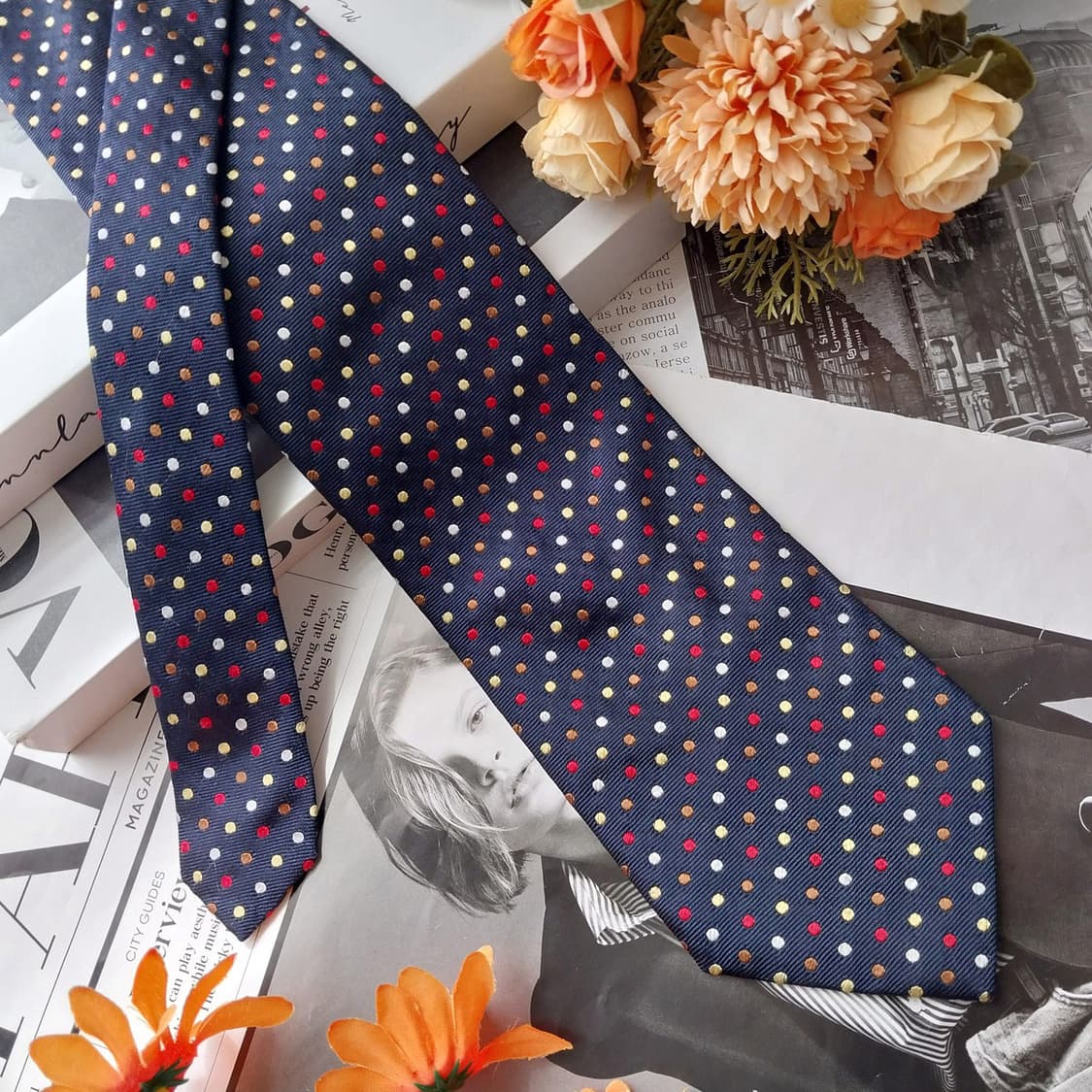 아쿠아스큐텀 실크 네이비 도트 패턴 넥타이 9.7cm A등급 K2572 상품이미지2