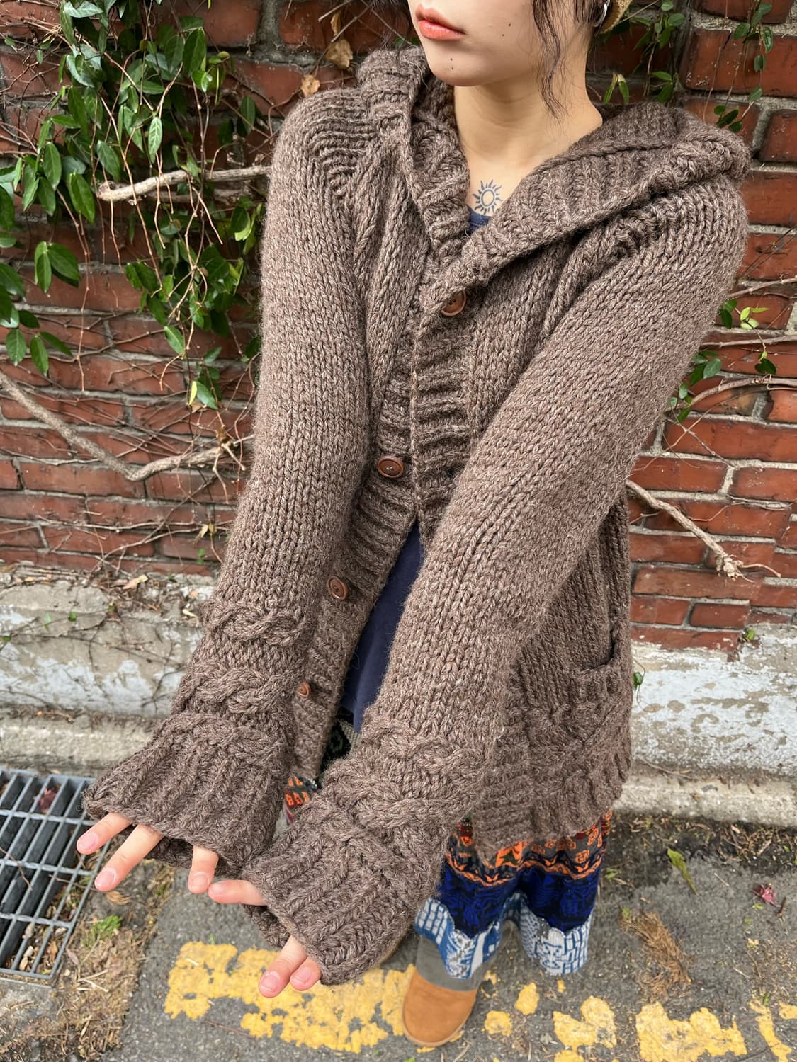 일본 브라운 케이블 포인트 후드 니트 카디건 상품이미지3