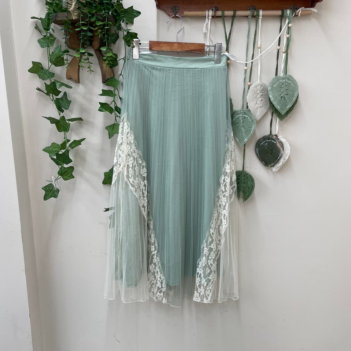 쉬폰 풀밴딩 민트 레이스 샤 롱 스커트 상품이미지1