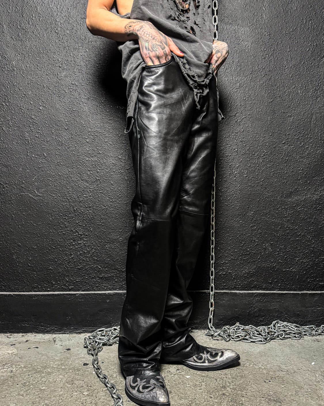 Vintage Black Leather Boot-cut Pants 상품이미지3