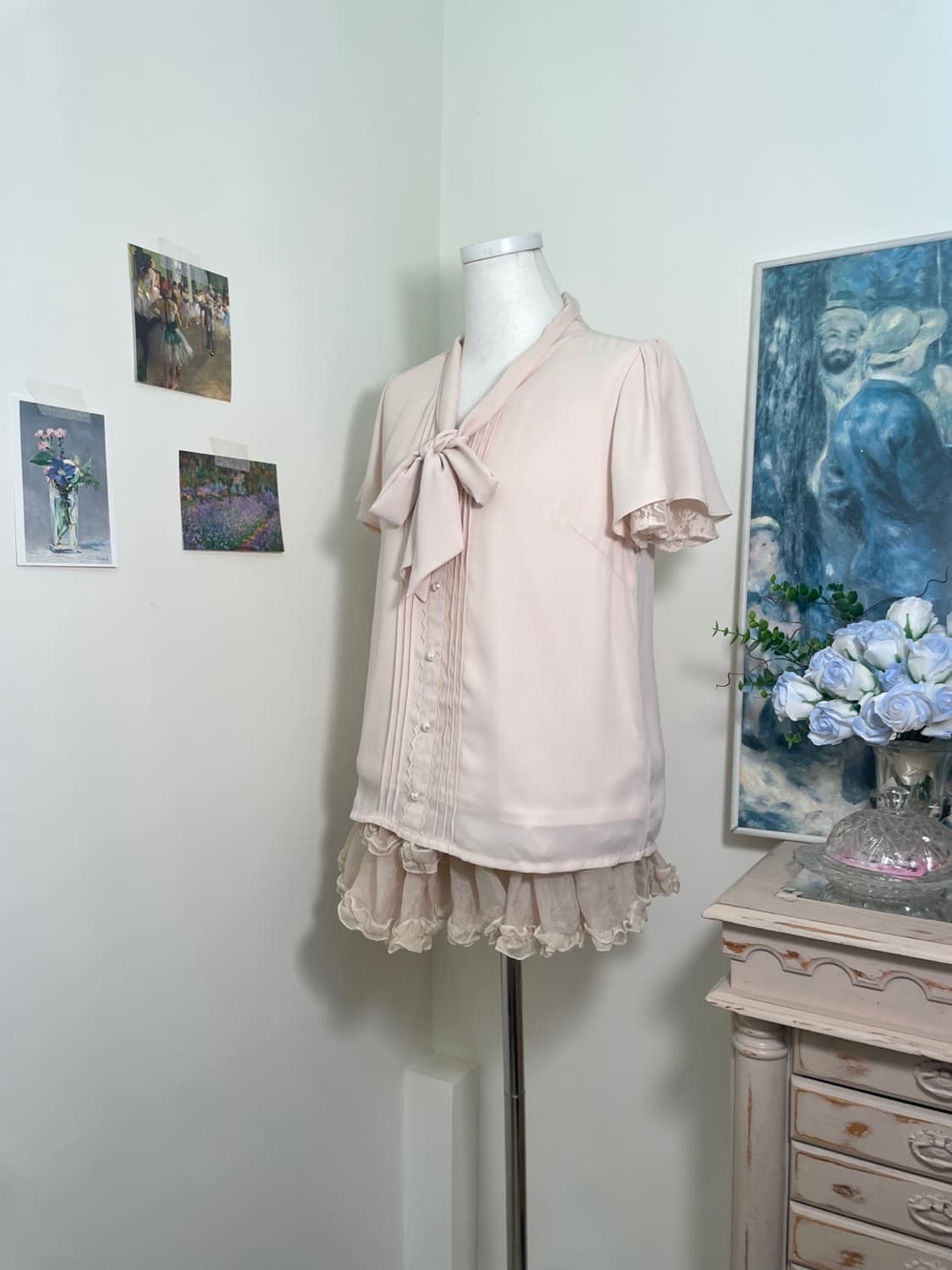 LODISPOTTO pink cream bow lace trim blou 상품이미지2