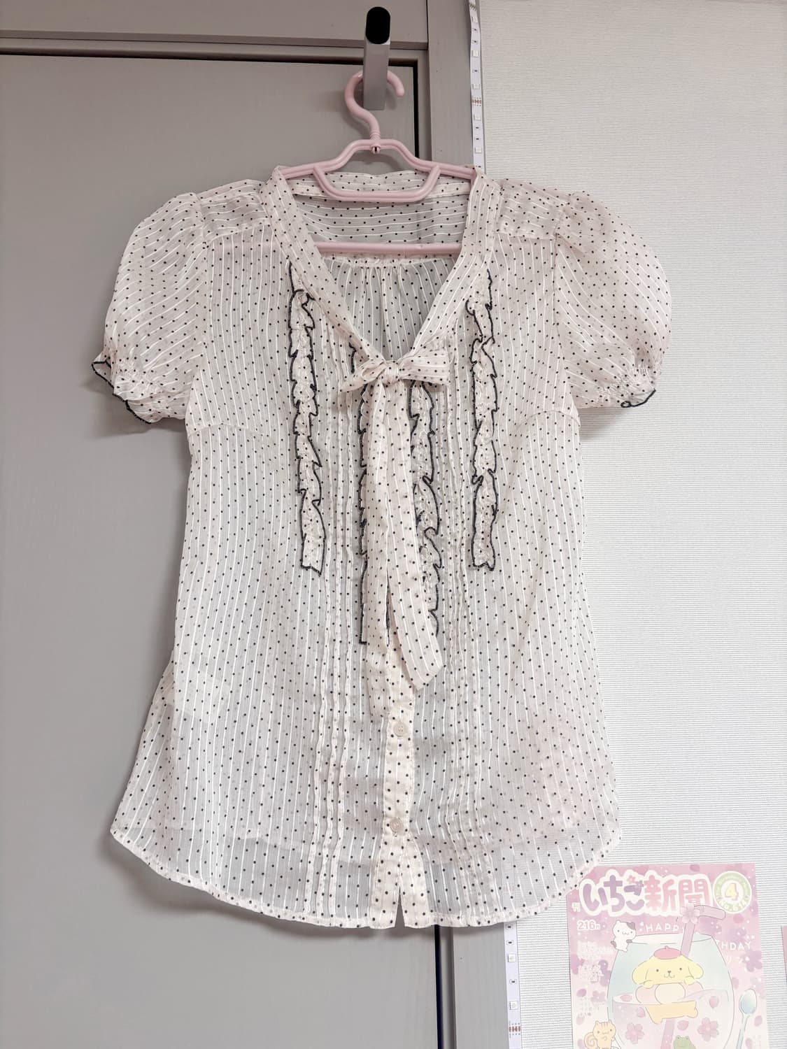 빈티지 러블리 히메갸루 로걀 핑크 도트 딸기 초코 리본 반팔 블라우스 상품이미지2