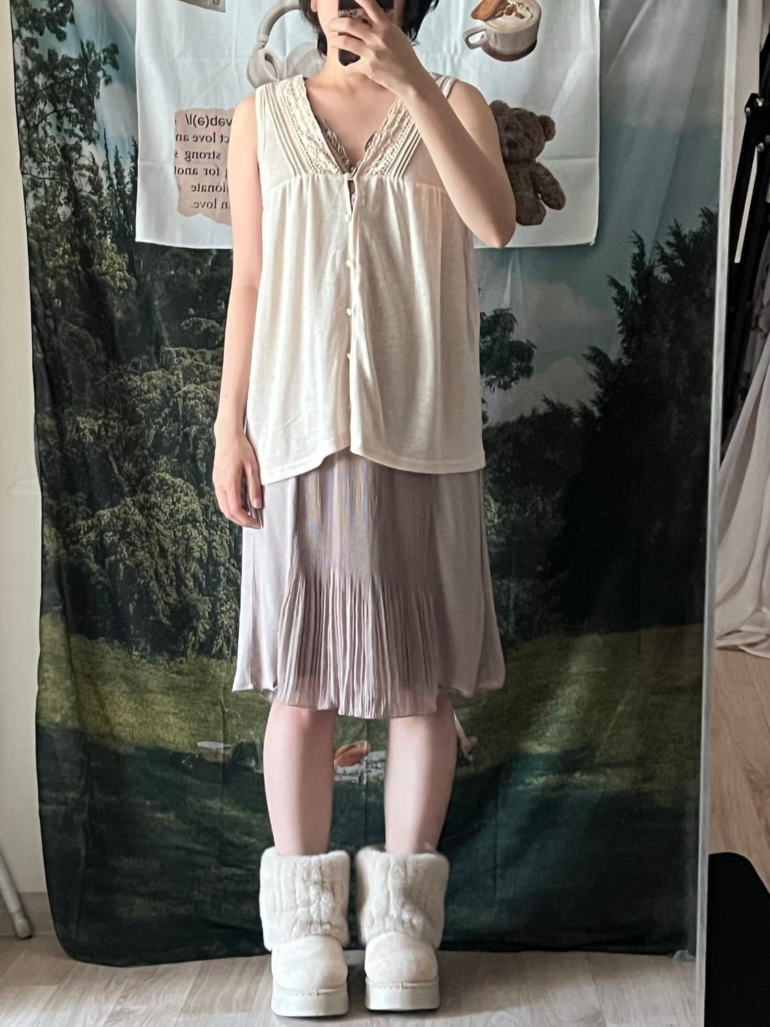 Lace V-neck pleated midi sleeveless dres 상품이미지1