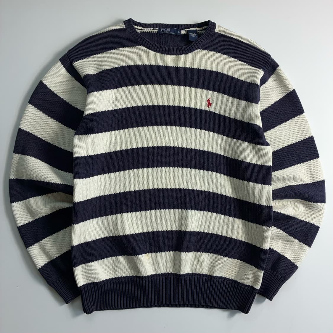 Polo  폴로 랄프로렌 자수 코튼 네이비 스트라이프 라운드 니트 상품이미지1