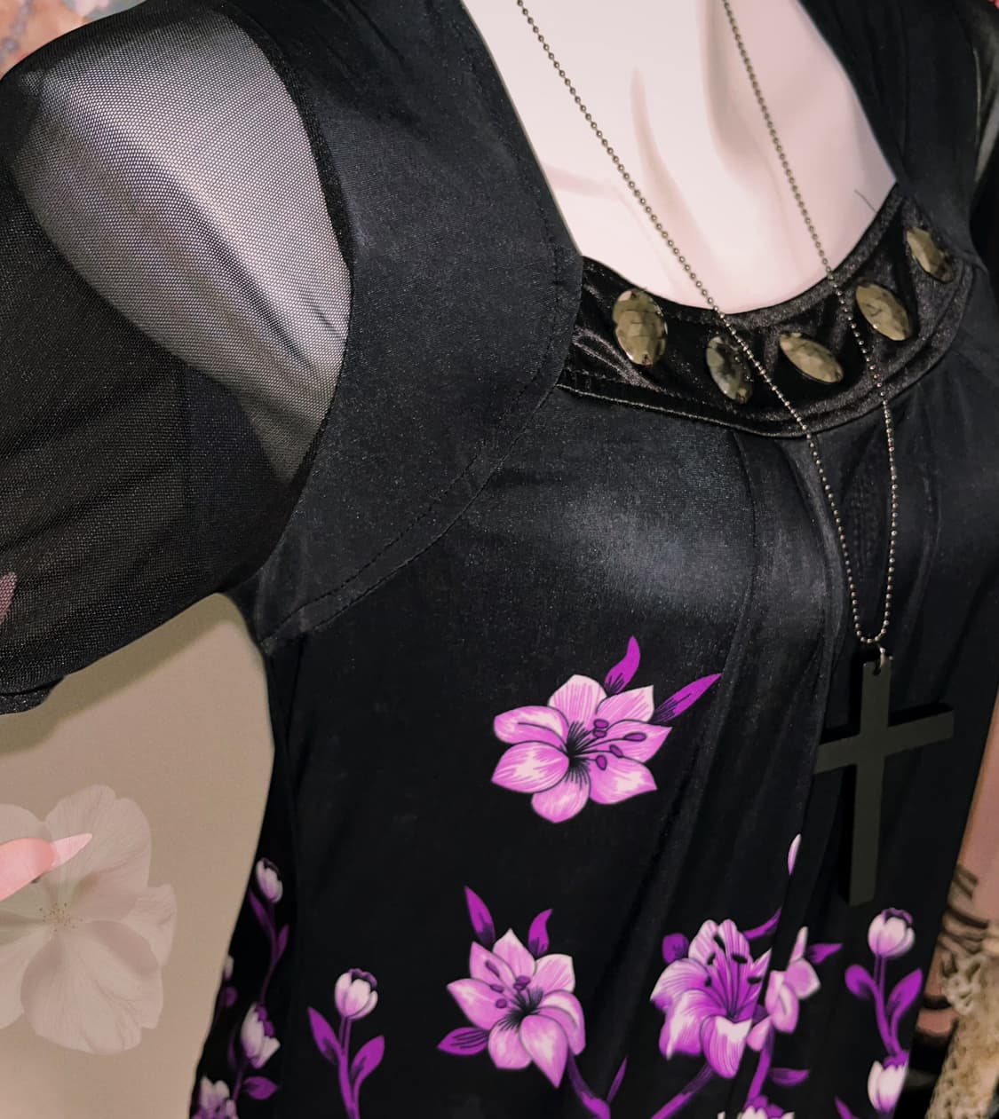 오리엔탈 오네갸루 플라워 패턴 반팔탑 상품이미지4