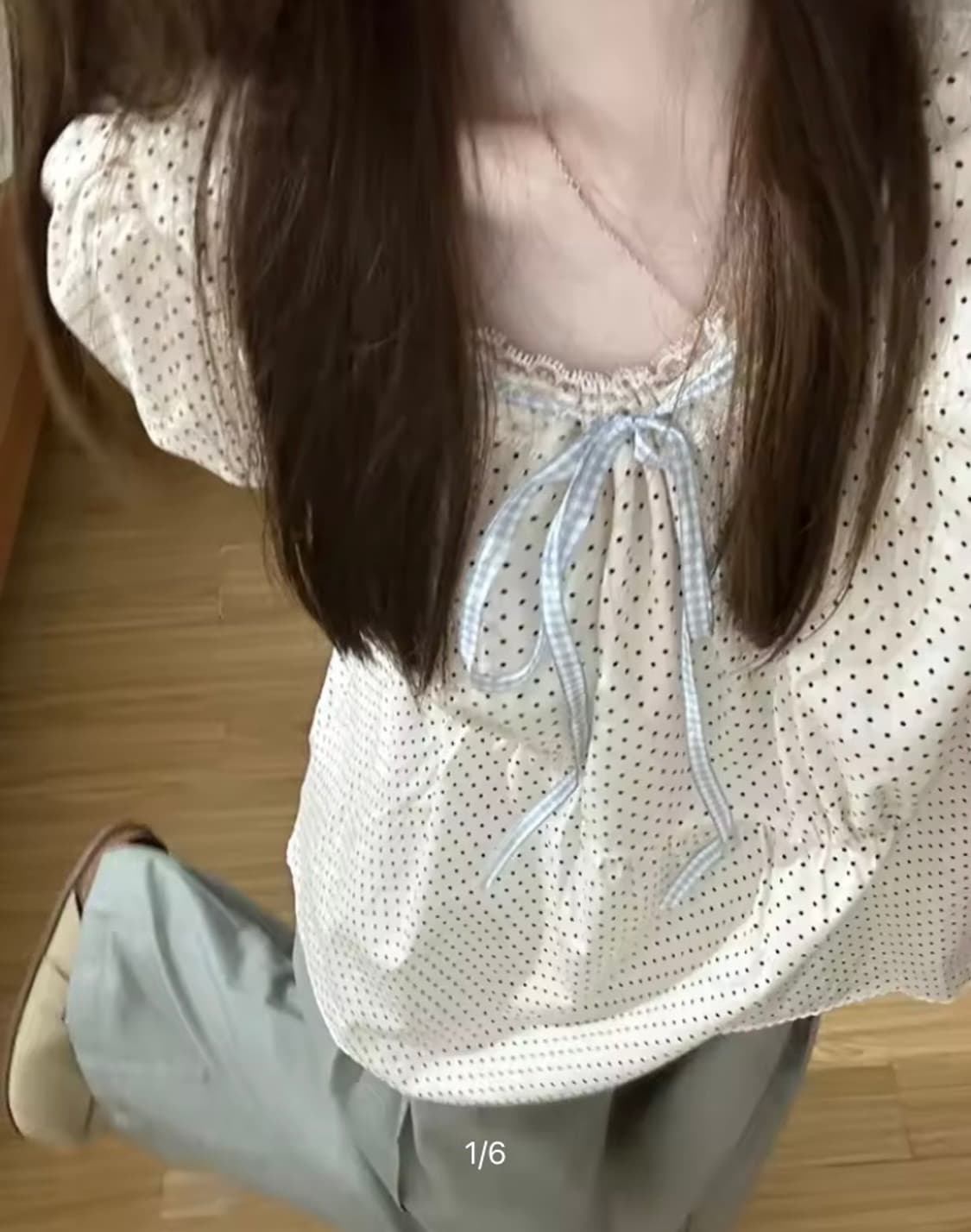 빈티지 모리걸 하구미 y2k 키치 도트 땡땡이 리본 반팔 퍼프 블라우스 상품이미지1