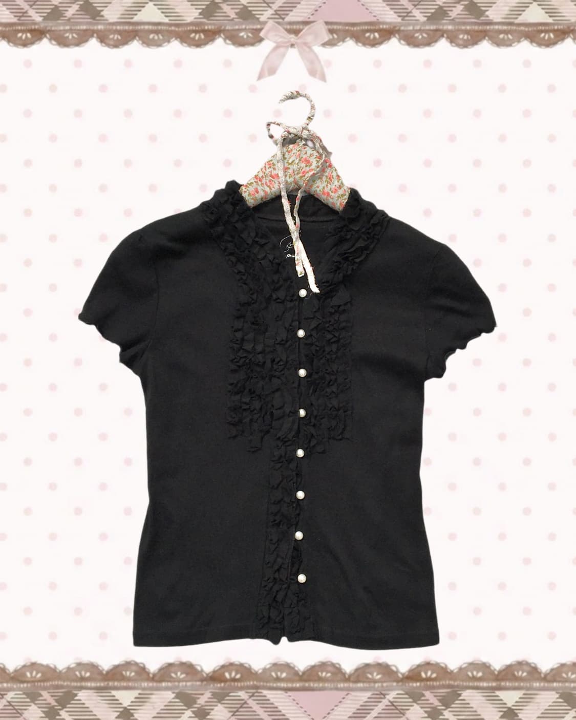 갸루 블랙 러플 반팔 블라우스 상품이미지1