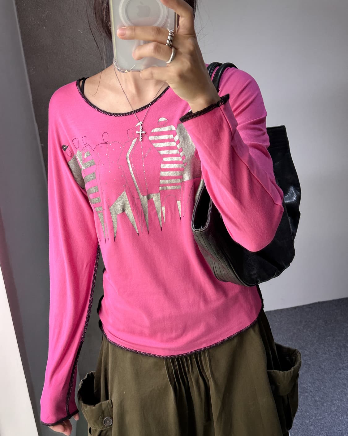 pink silver printed stitch line top 상품이미지5