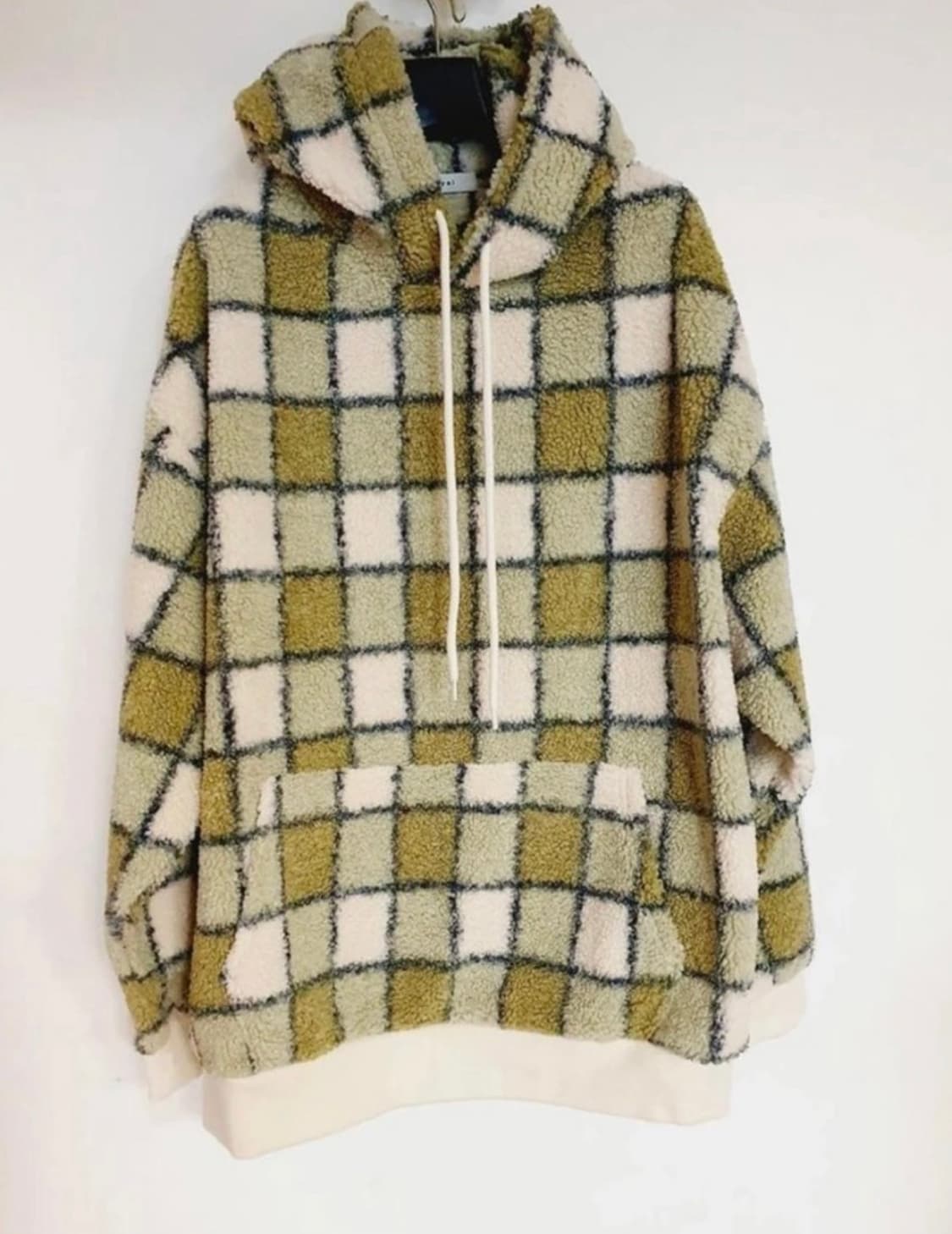 오버핏 체크무늬 뽀글이 후드티셔츠 그린(100-115) 상품이미지3