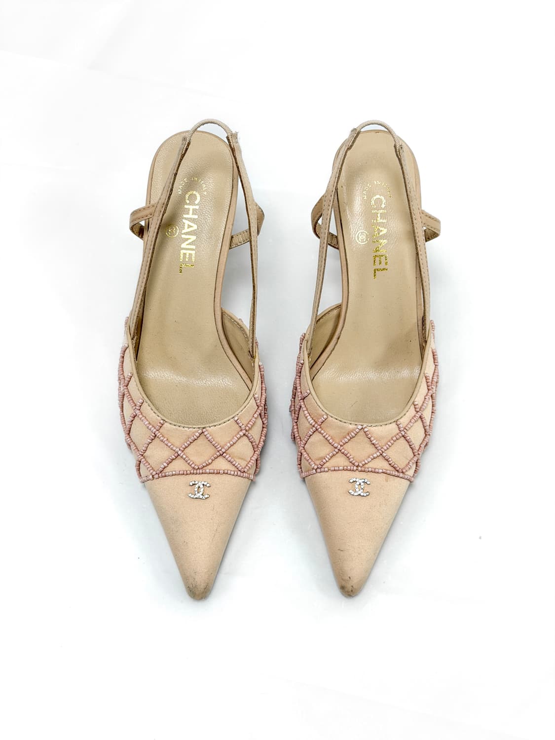 샤넬 CC 로고 비즈 새틴 스틸레토 슬링백 펌프스 상품이미지4