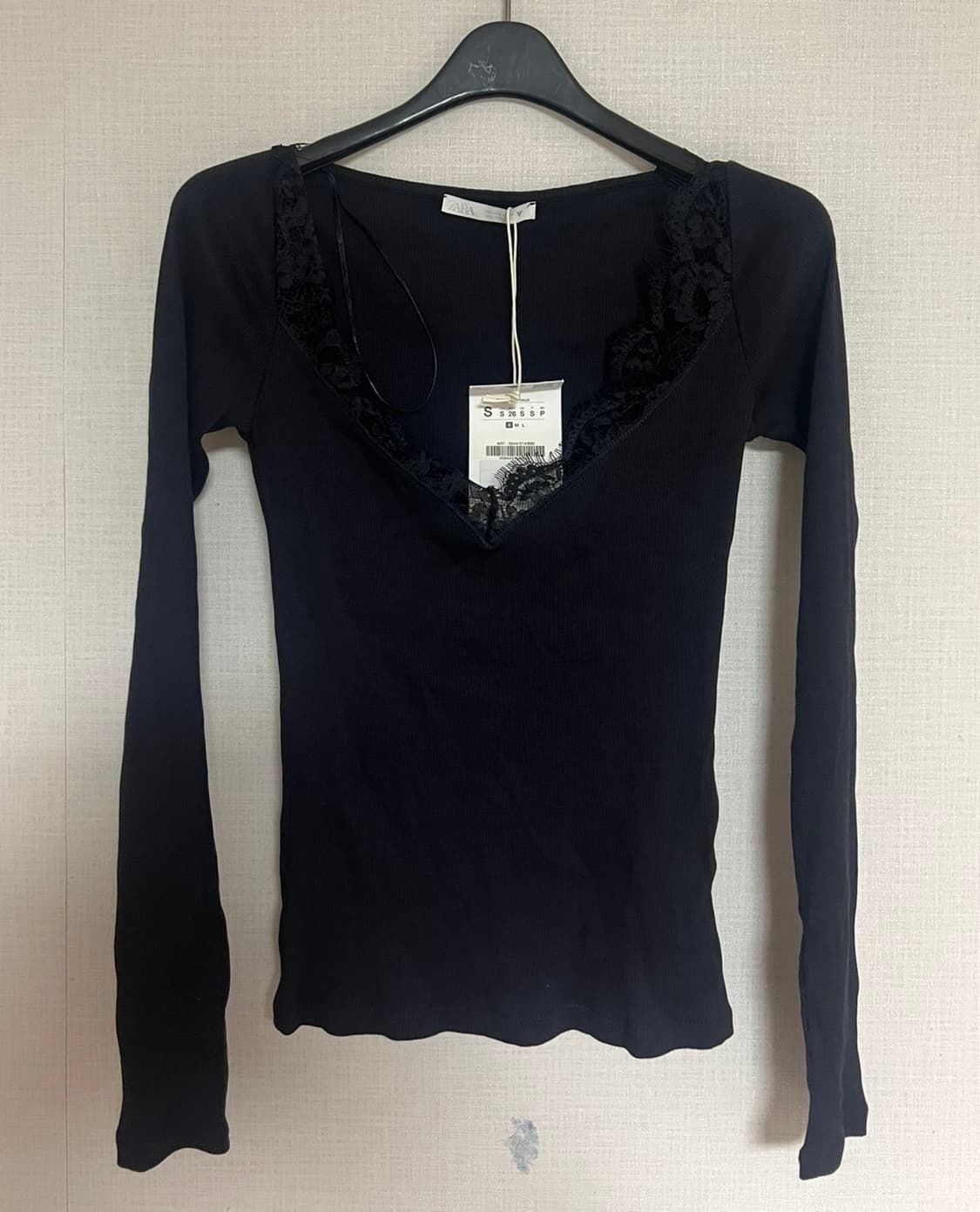 ZARA 자라 레이스 리브드 티셔츠 블랙, 자라 레이스 티셔츠 상품이미지4