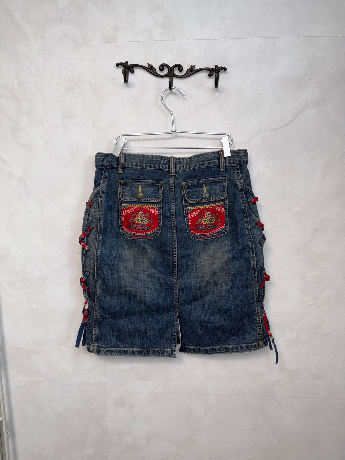 Washing denim oriental laceup midi skirt 상품이미지4