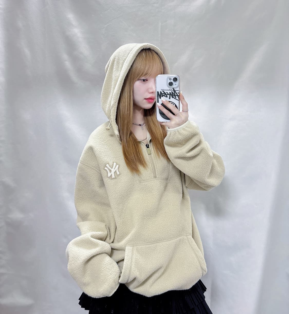 MLB 양키스 베이지 플리스 반집업 후드  상품이미지1