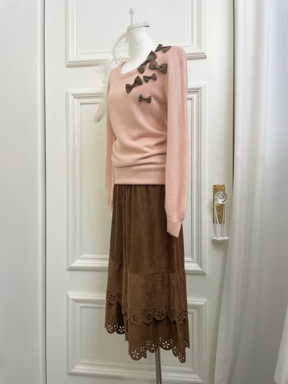 indi pink brown bow point puff knit top 상품이미지3