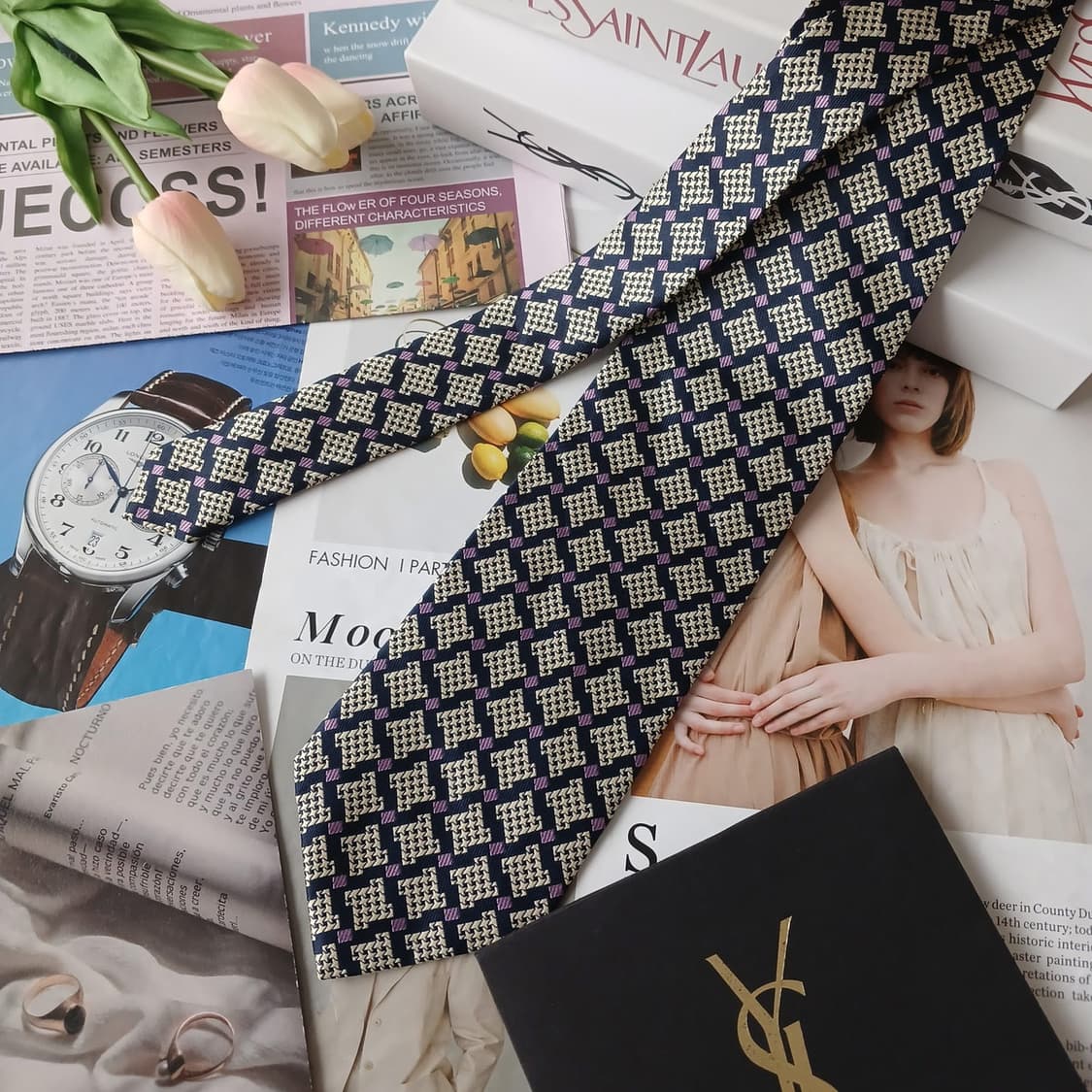 YVES SAINT LAURENT 입생로랑 실크 네이비 기하 패턴 넥타이 상품이미지3