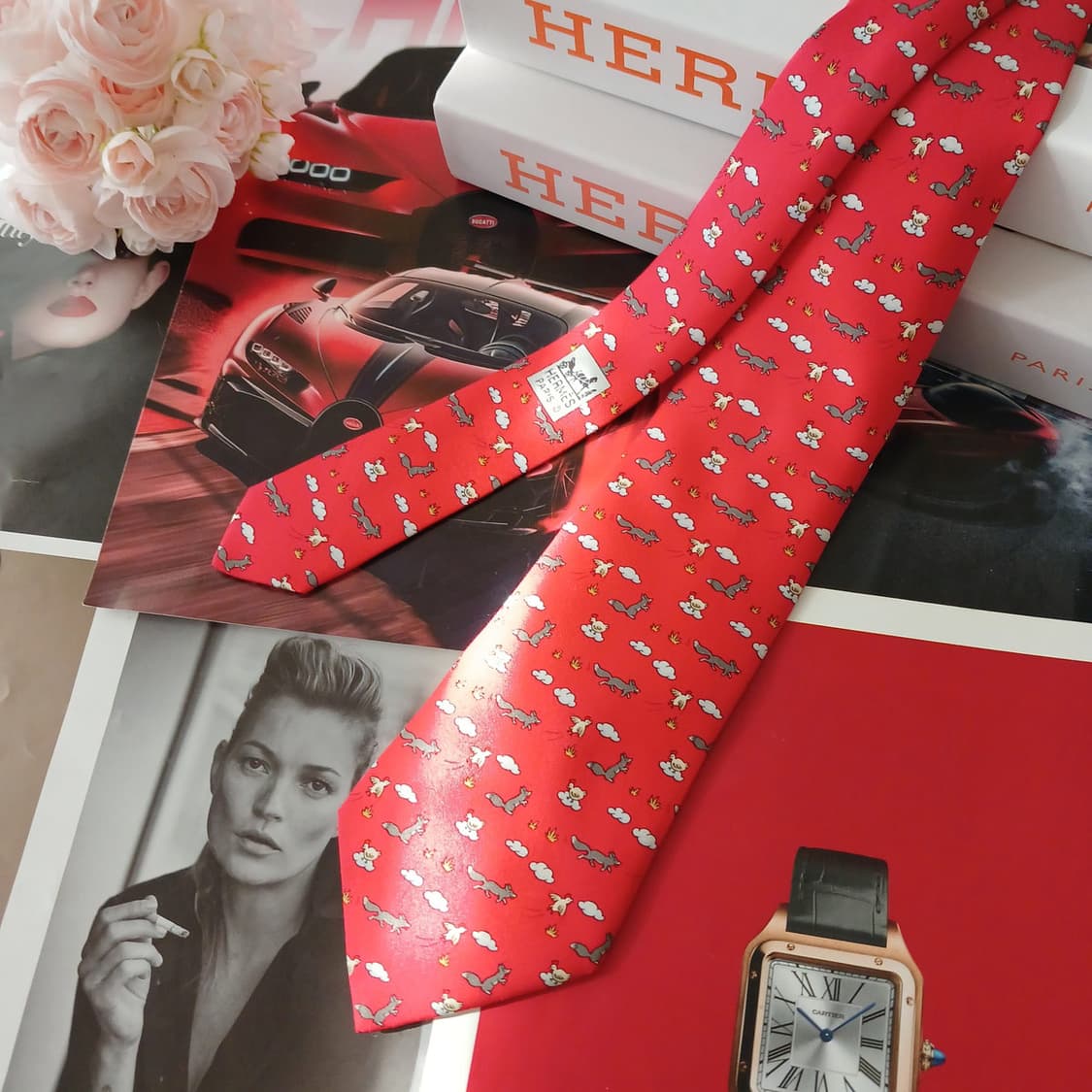 에르메스 실크 레드 닭&여우 패턴 넥타이 9.2cm A+등급 A19027 상품이미지3