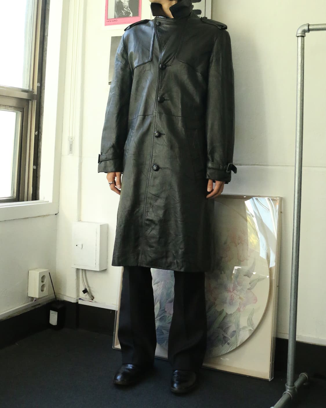 70s USA 블랙 레더 롱 코트 자켓 상품이미지2