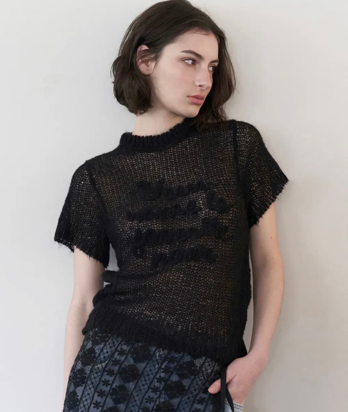 락케이크 시스루 반팔 니트 블랙 상품이미지2