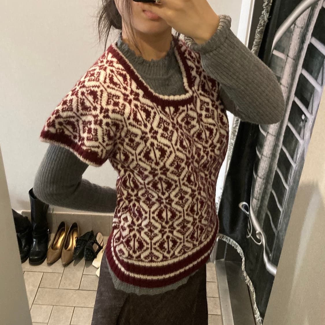 스퀘어넥 패턴 반팔 니트 상품이미지2